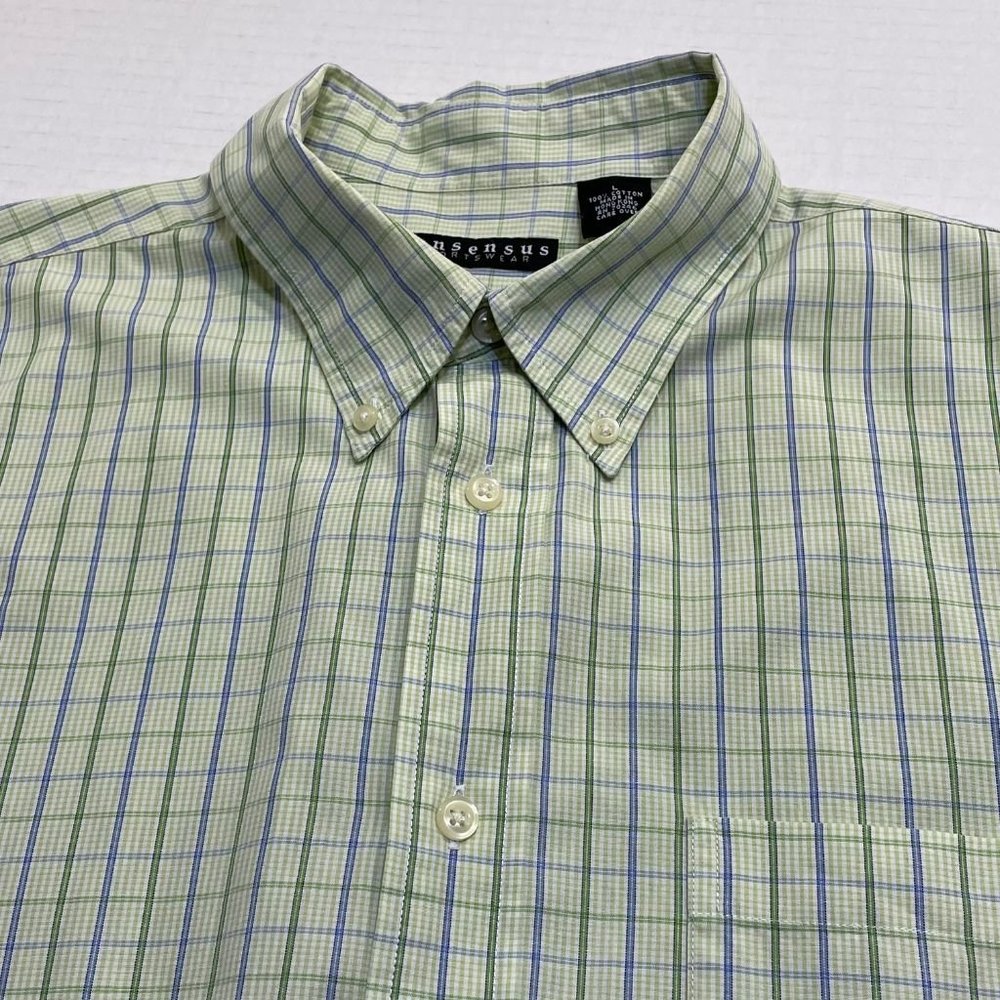 Consensus Sportswear Men's Casual Shirt - Green & Blue Plaid - Size L - GUC